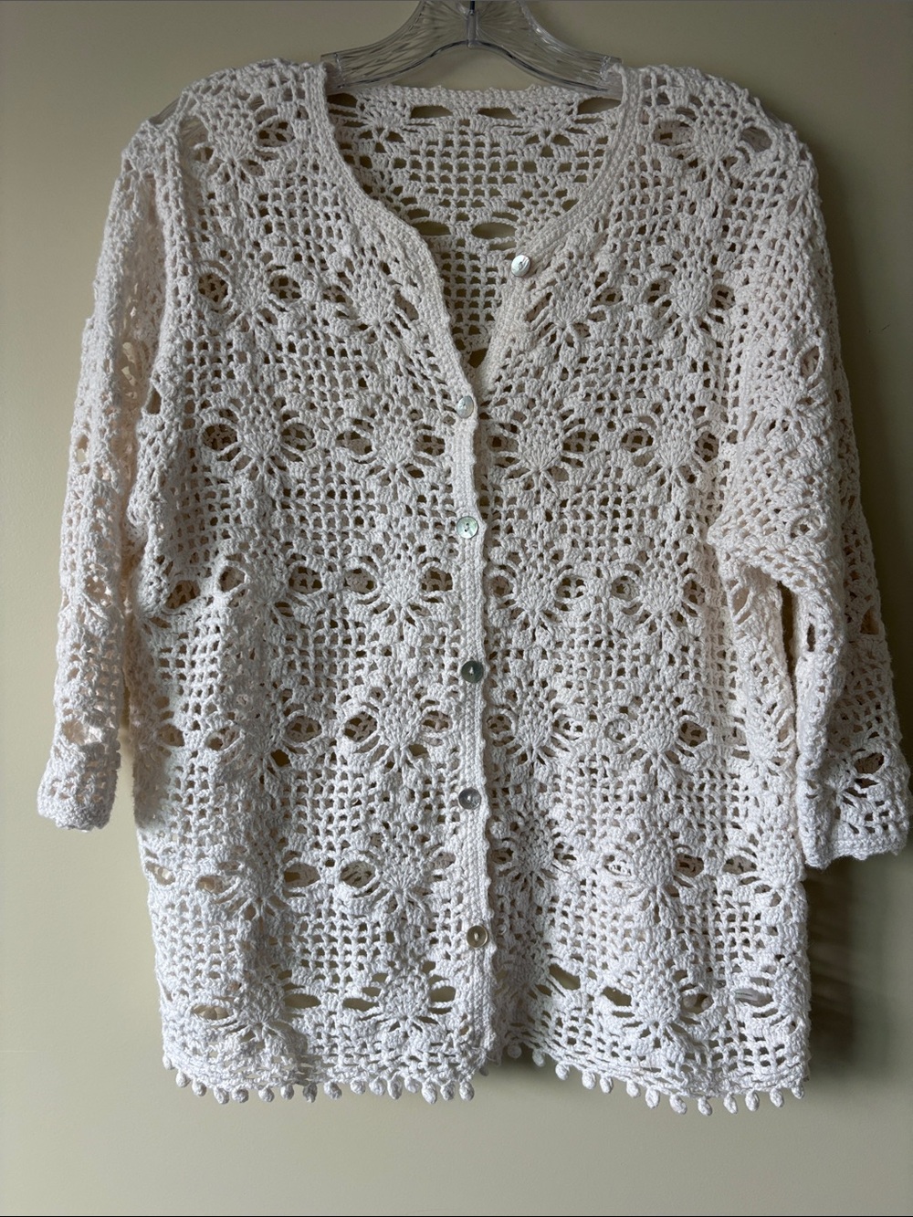 Beautiful Vintage White Crochet Button-Front Women's Cardigan